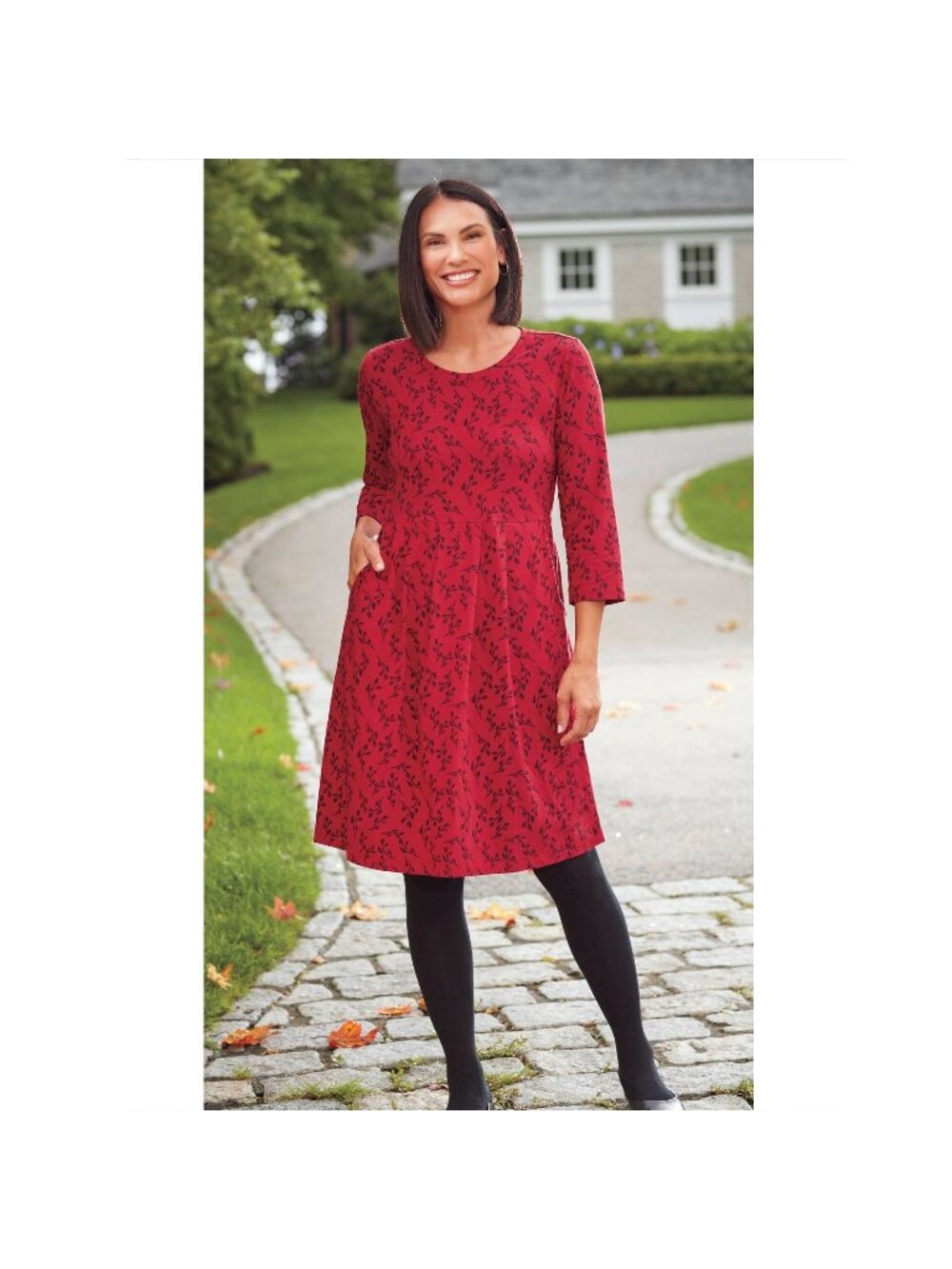 NorthStyle Red Black Leaf Print Soft Knit Dress w/Pockets Size XL Fall Winter